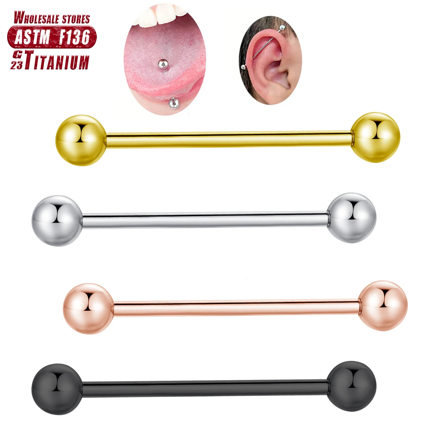 Tongue Barbell Straight - ASTM F136 Titanium Industrial Barbell Balls